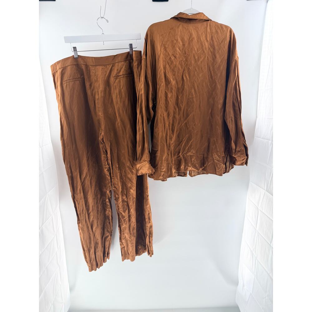Lafayette 148 Naomi Satin Shirt & Dalton Wide Leg Pants Brown Top XXL/Bottom 18 - Picture 4 of 11